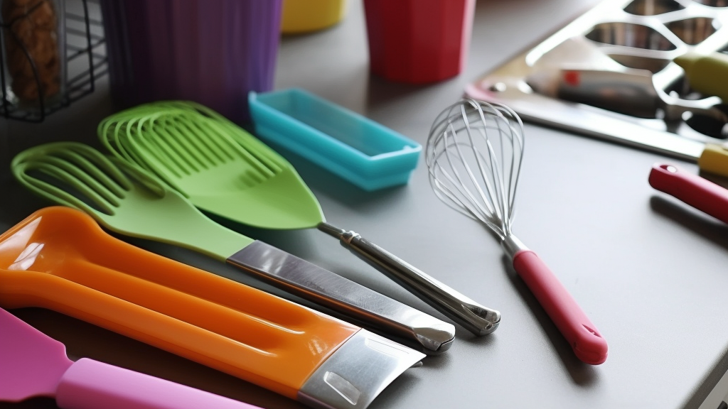 work plan, several pastry utensils, kitchen, colorfull